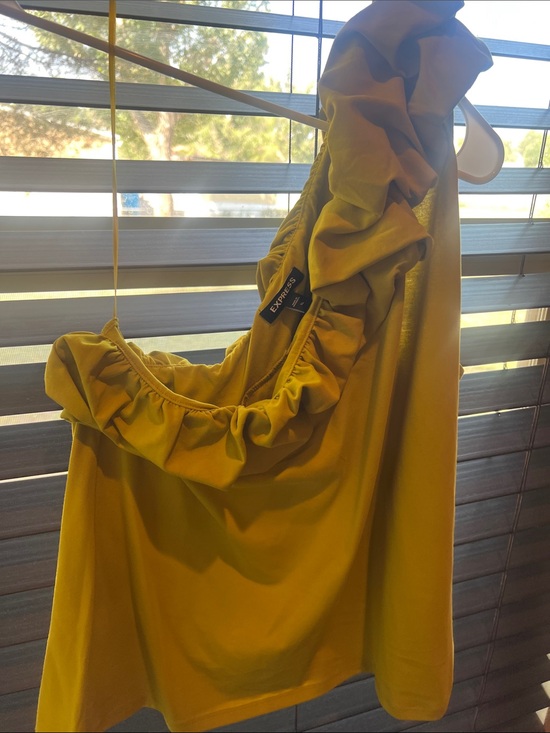 Express Tops - Express Mustard Ruffle One-Shoulder Top